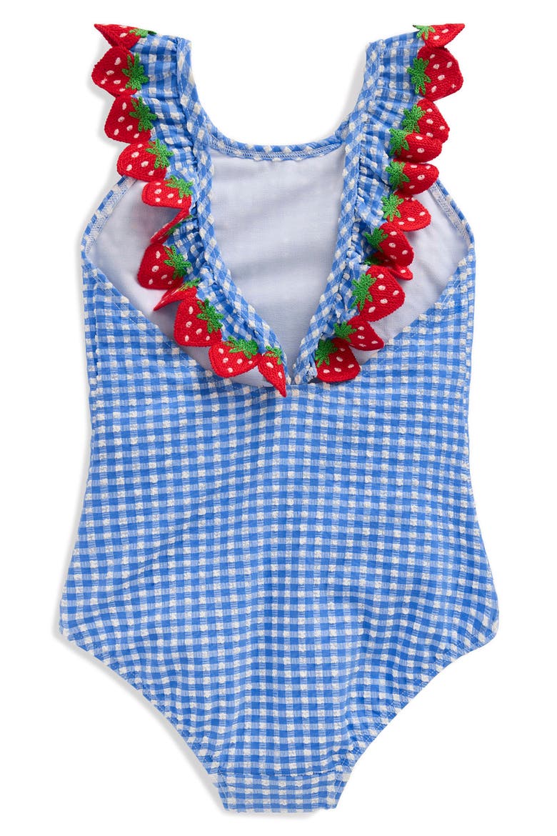 Kids' Strawberry Appliqué Ruffle Seersucker UPF 50+ One-Piece Swimsuit, Alternate, color, GLACIER BLUE STRAWBERRY