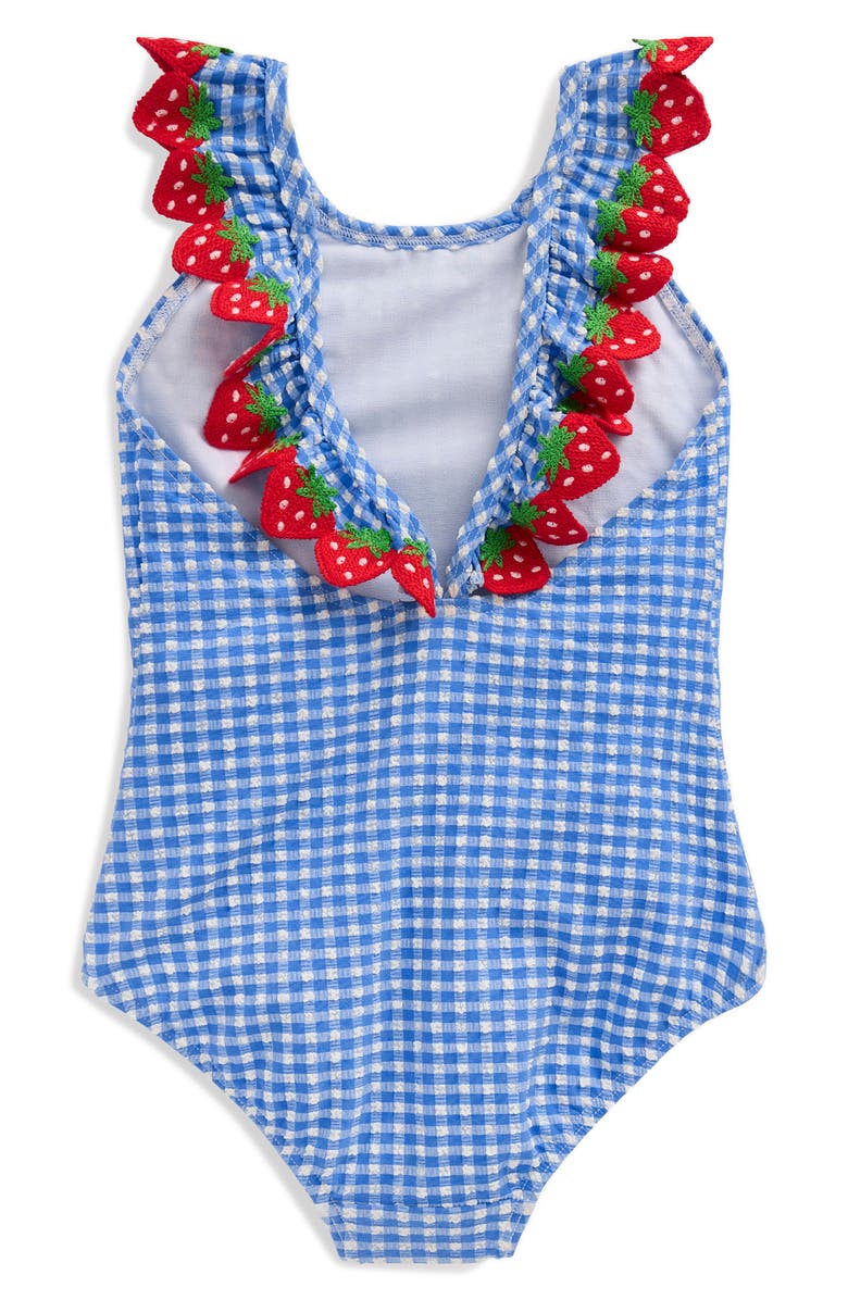 Mini Boden Kids' Strawberry Appliqué Ruffle Seersucker UPF 50+ One-Piece Swimsuit, Alternate, color, Glacier Blue Strawberry