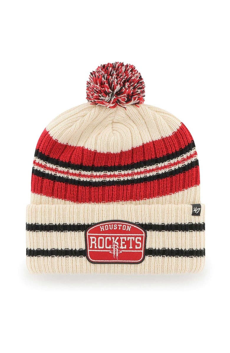'47 Men's '47 Cream Houston Rockets Hone Patch Cuffed Knit Hat with Pom, Main, color,