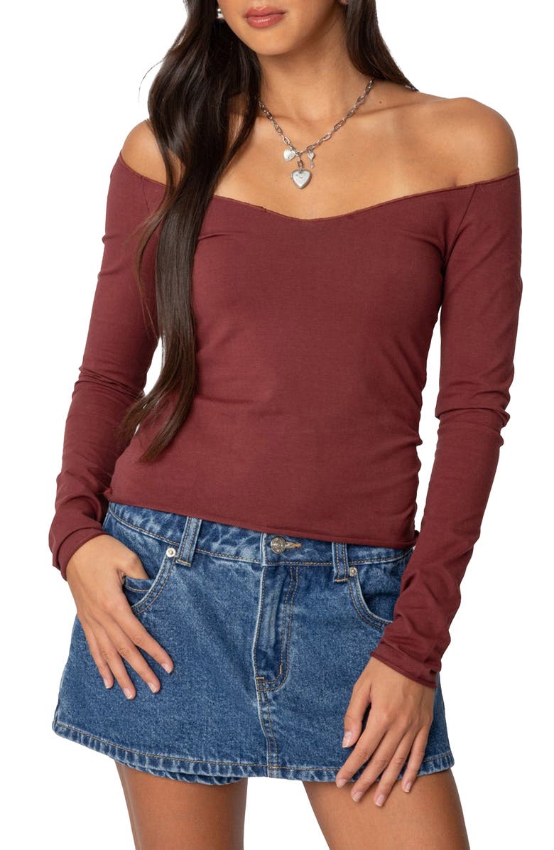 EDIKTED Nattie Off the Shoulder Long Sleeve Top, Main, color, Burgundy