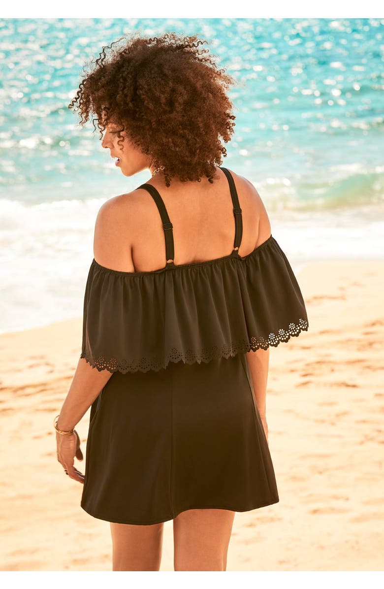Swim 365 Laser-Cut Off-The-Shoulder Swim Dress, Alternate, color, Black