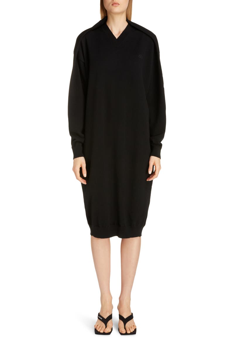 Logo Embroidered Pinched Long Sleeve Wool Blend Sweater Dress, Main, color, BLACK