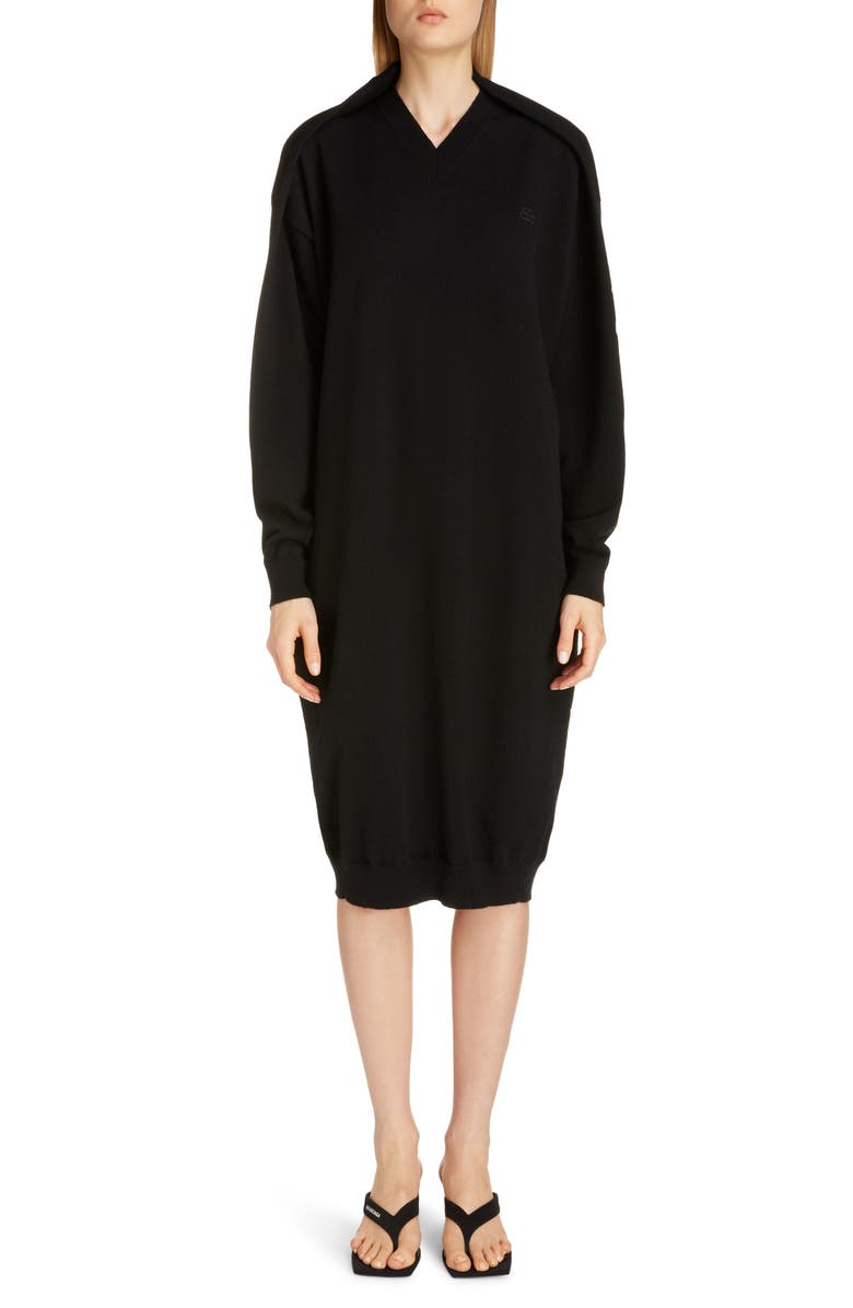 Balenciaga Logo Embroidered Pinched Long Sleeve Wool Blend Sweater Dress, Main, color,