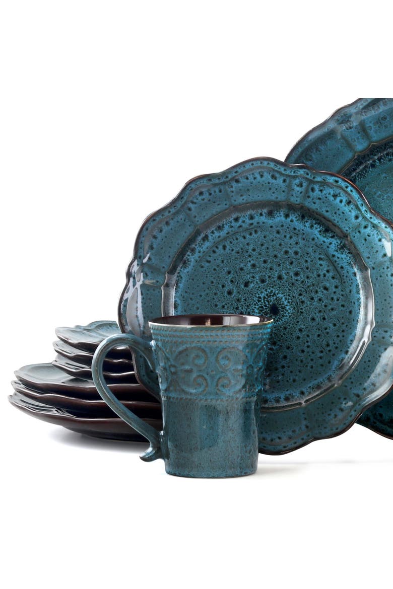 Lavish 16 Piece Dinnerware set with Complete Setting for 4, Alternate, color, Blue