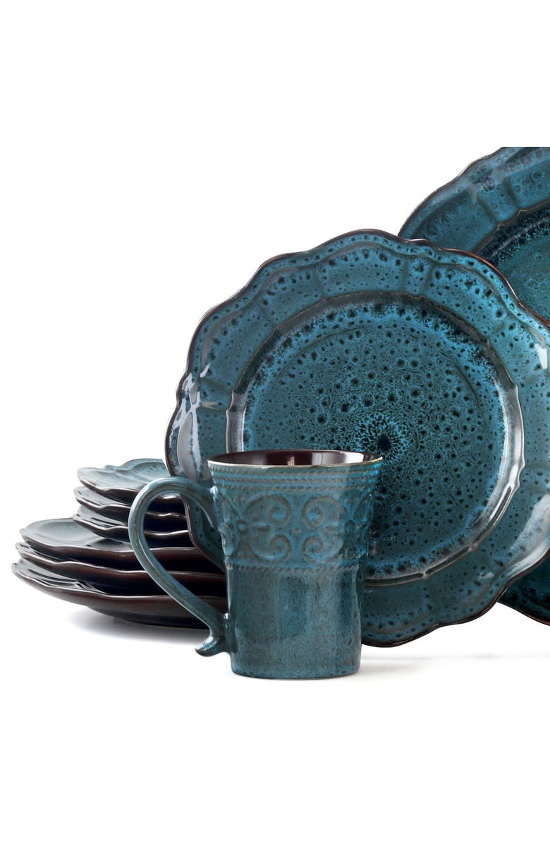 Elama Lavish 16 Piece Dinnerware set with Complete Setting for 4, Alternate, color, Blue