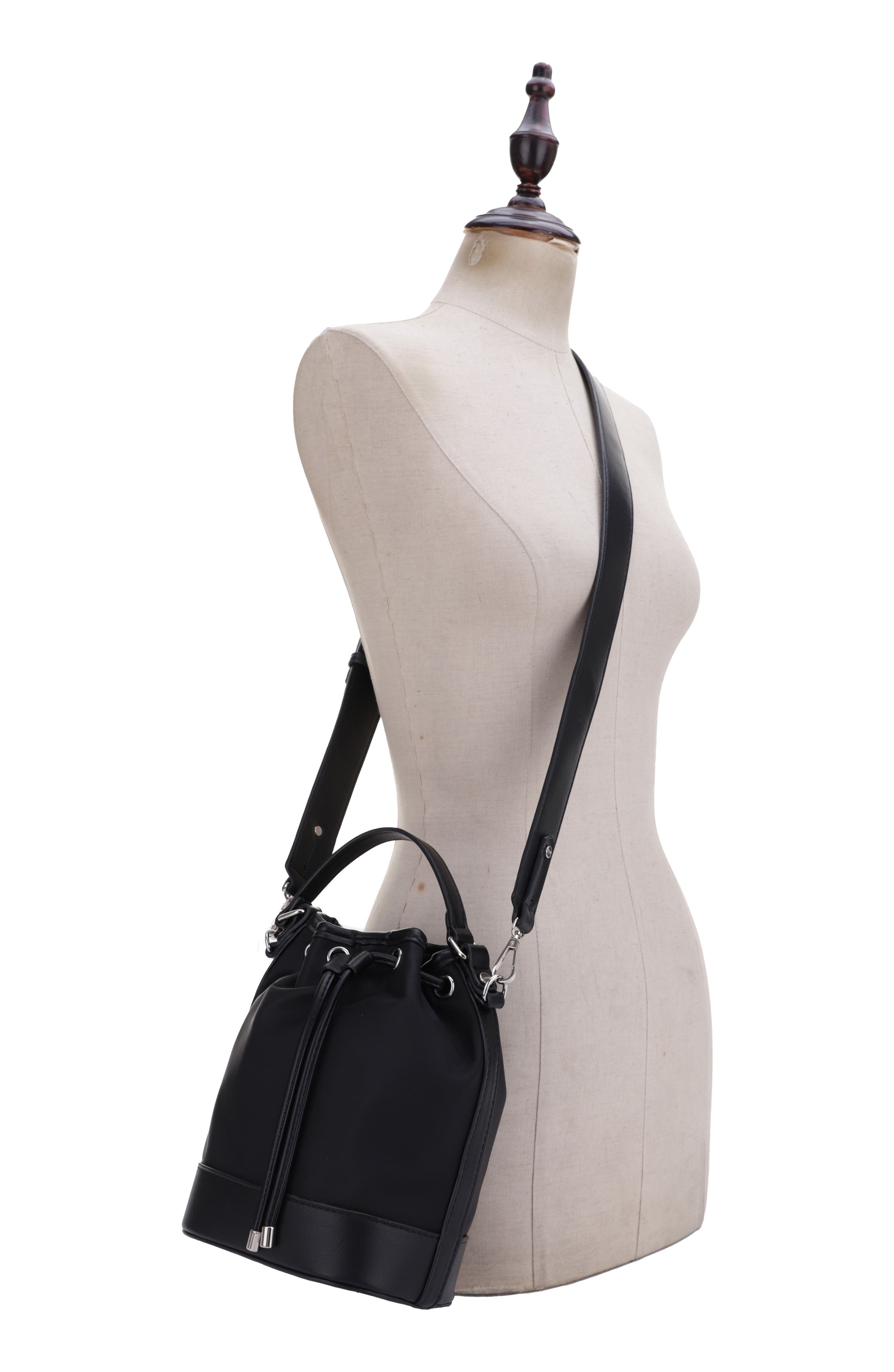 Mali + Lili Ella Nylon & Vegan Leather Bucket Bag, Alternate, color, Black