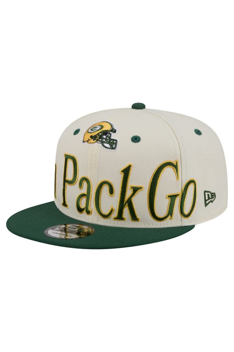 Men's New Era Cream Green Bay Packers Oversized Slogan 9FIFTY Snapback Hat, Alternate, color, Cream