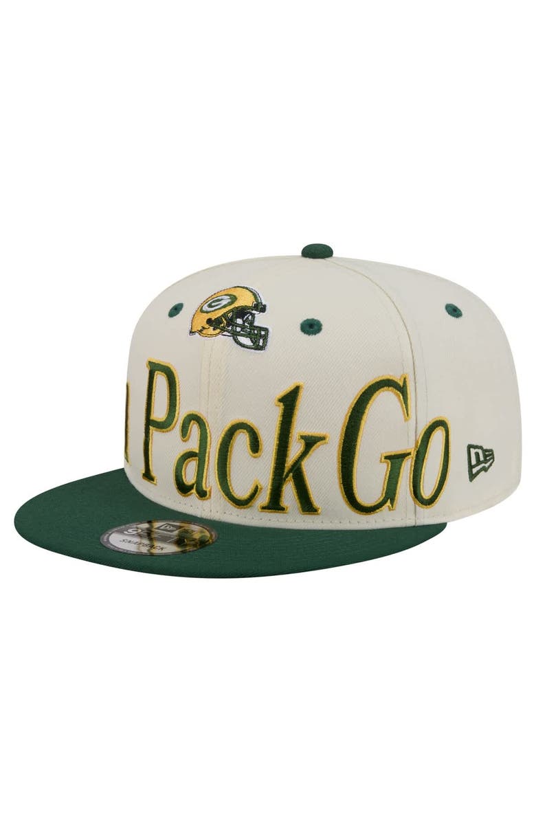 New Era Men's New Era Cream Green Bay Packers Oversized Slogan 9FIFTY Snapback Hat, Alternate, color, Cream