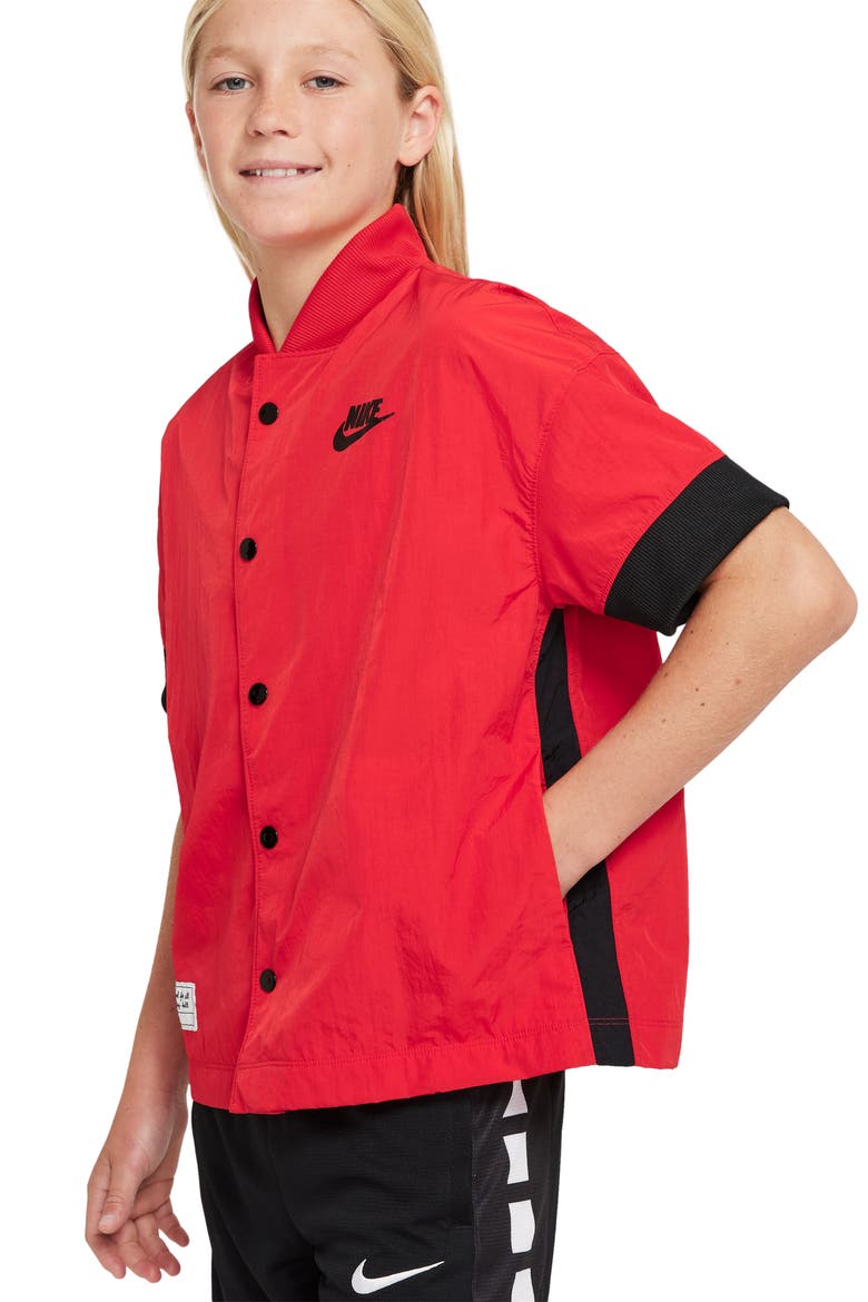 Kids' Culture of Basketball Snap-Up Short Sleeve Warmup Shirt, Alternate, color, UNIVERSITY RED/ BLACK/ BLACK