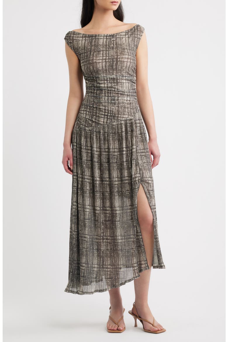 Plaid Mesh Pleated Midi Dress, Main, color, BROWN PLAID