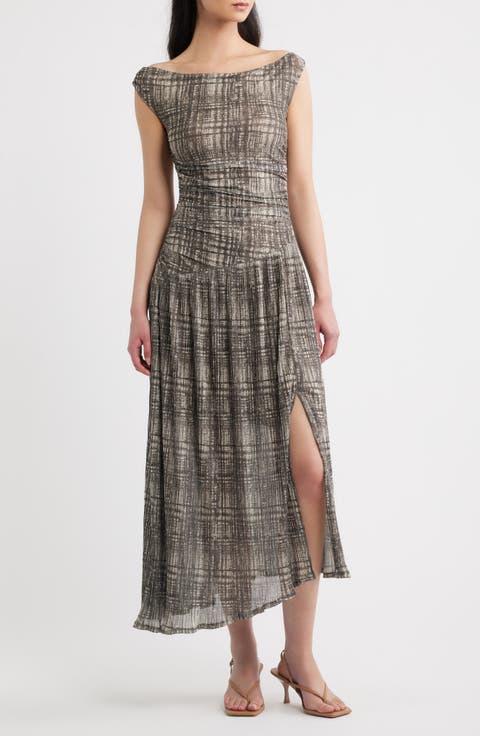 Plaid Mesh Pleated Midi Dress