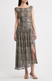 MOON RIVER Plaid Mesh Pleated Midi Dress