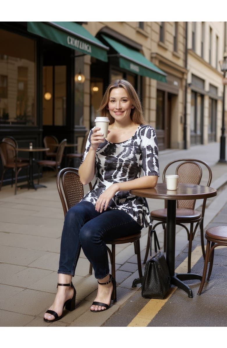 24seven Comfort Apparel Womens Abstract Scoop Neck Elbow Sleeve Tunic Top, Alternate, color, Black Multi