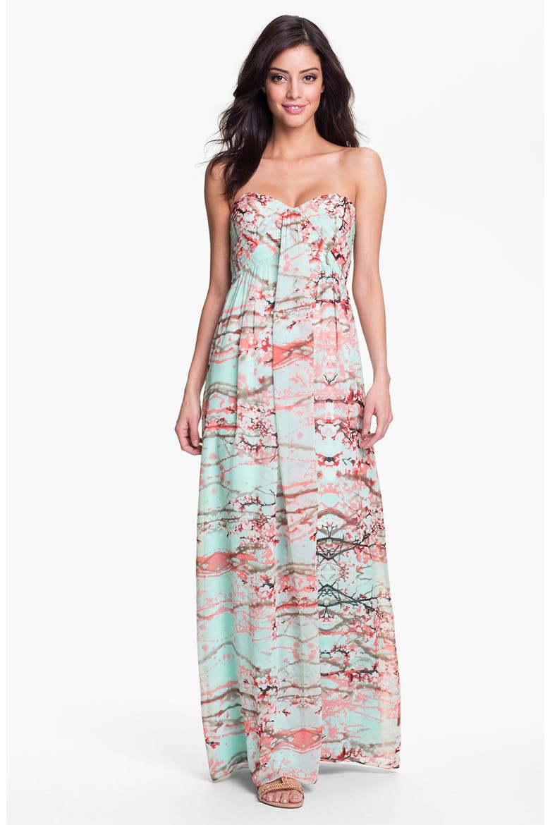 Strapless Print Maxi Dress, Main, color, CHERRY BLOSSOM SUPER PINK