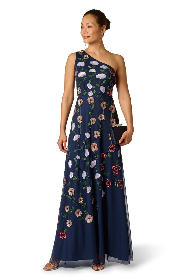 Beaded One-Shoulder Mesh Gown, Alternate, color, NAVY MULTI
