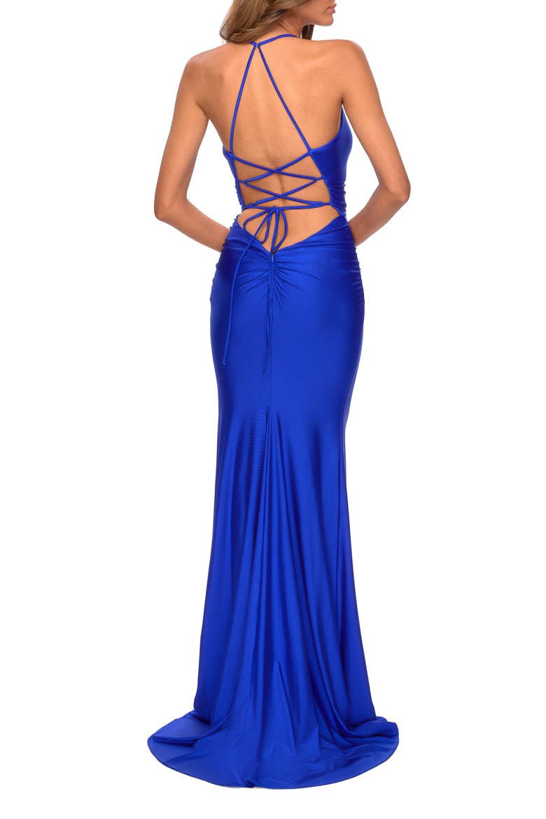 Empire Waist Dress with Ruching and Lace Up Back, Alternate, color, Royal Blue