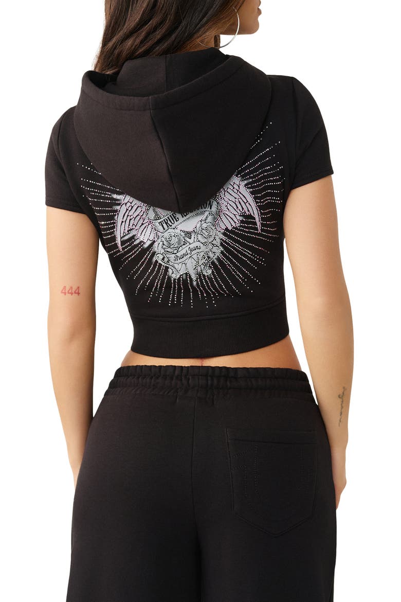 Crystal Embellished Short Sleeve Zip-Up Hoodie, Alternate, color, JET BLACK