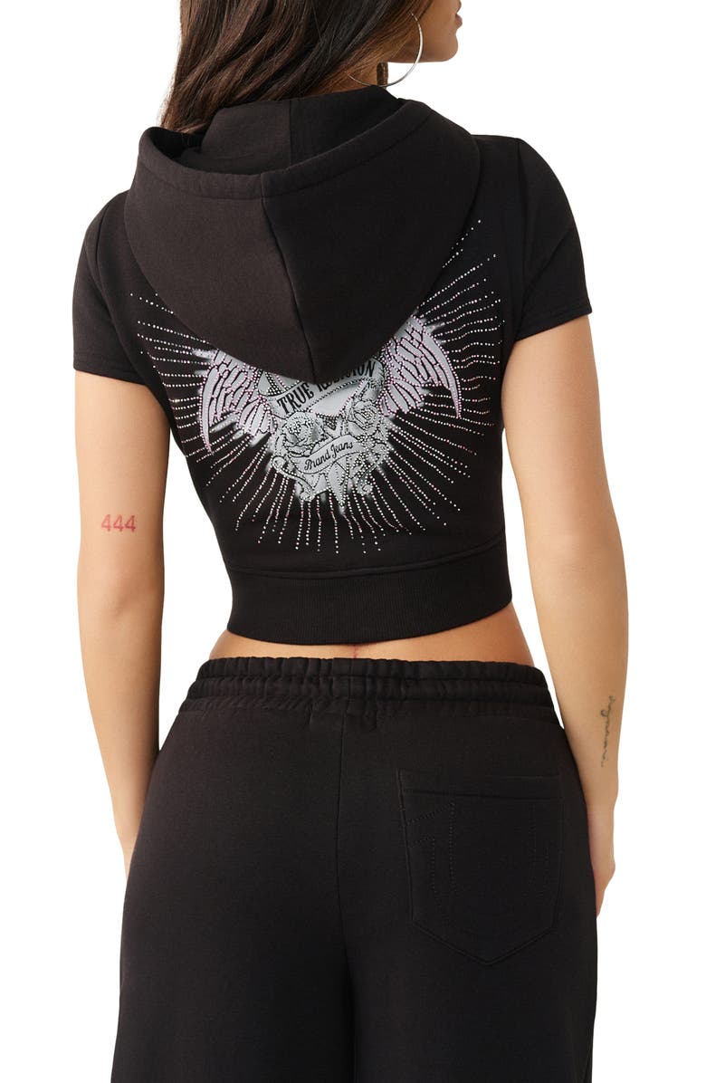 True Religion Crystal Embellished Short Sleeve Zip-Up Hoodie, Alternate, color, Jet Black