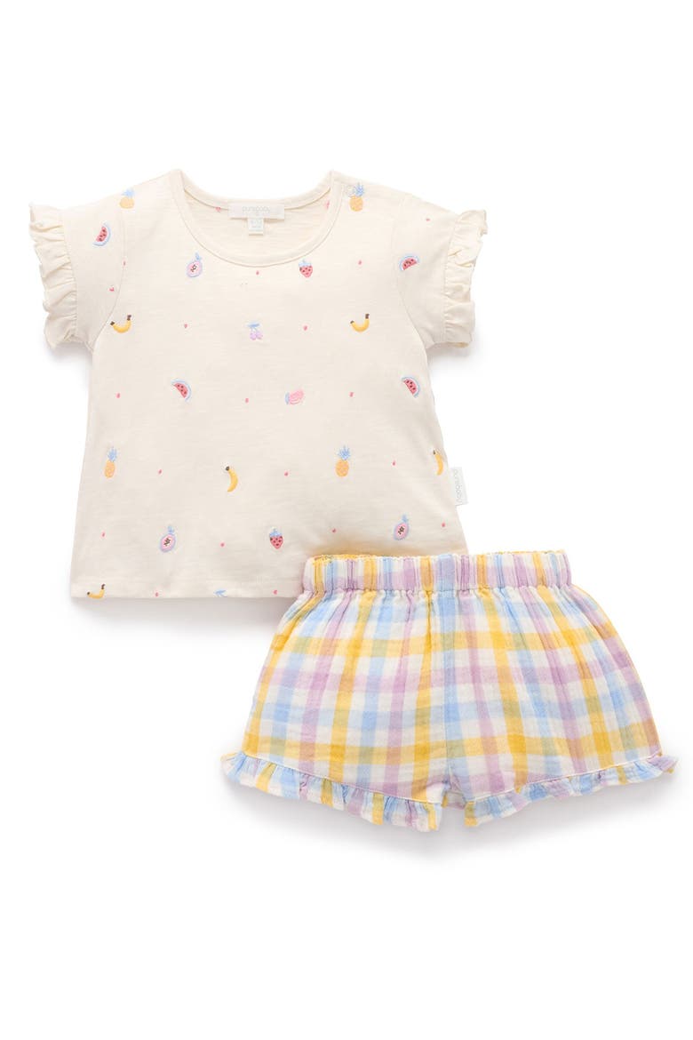 Fruity Embroidered Top & Short Set, Main, color, Lila Check