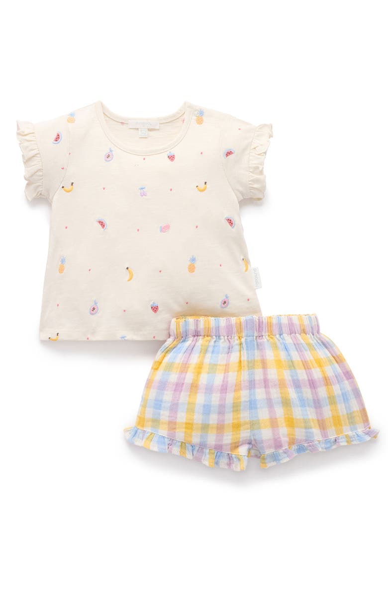 Purebaby Fruity Embroidered Top & Short Set, Main, color, Lila Check