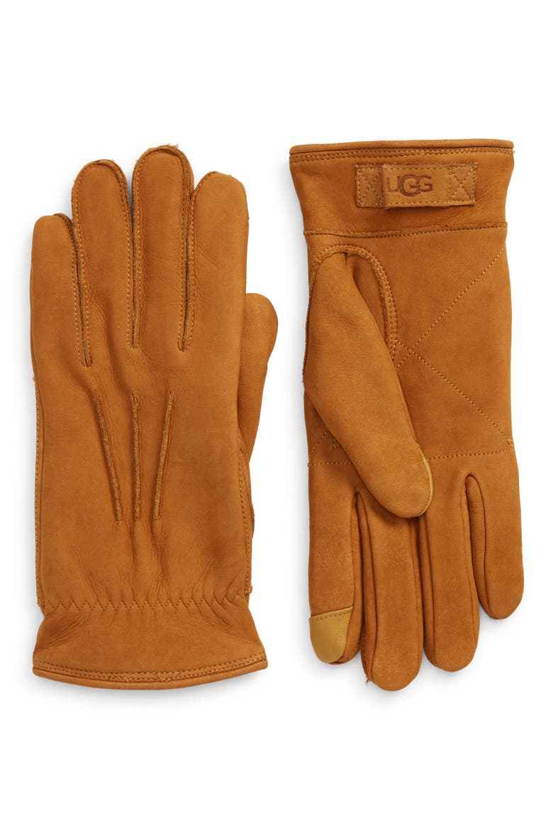 Three-Point Leather Tech Gloves, Main, color, CHESTNUT