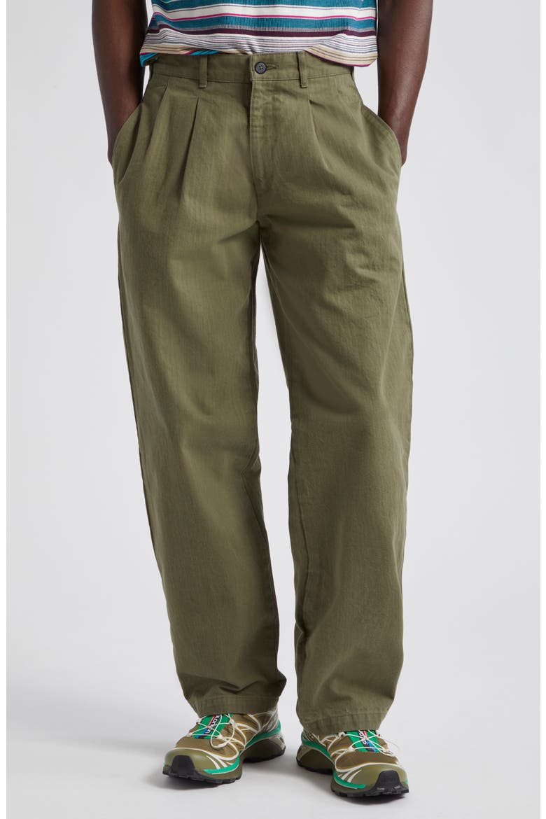 Double Pleat Cotton Herringbone Pants, Main, color, ARMY GREEN
