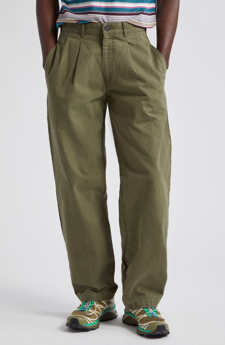 Noah Double Pleat Cotton Herringbone Pants, Main, color, Army Green