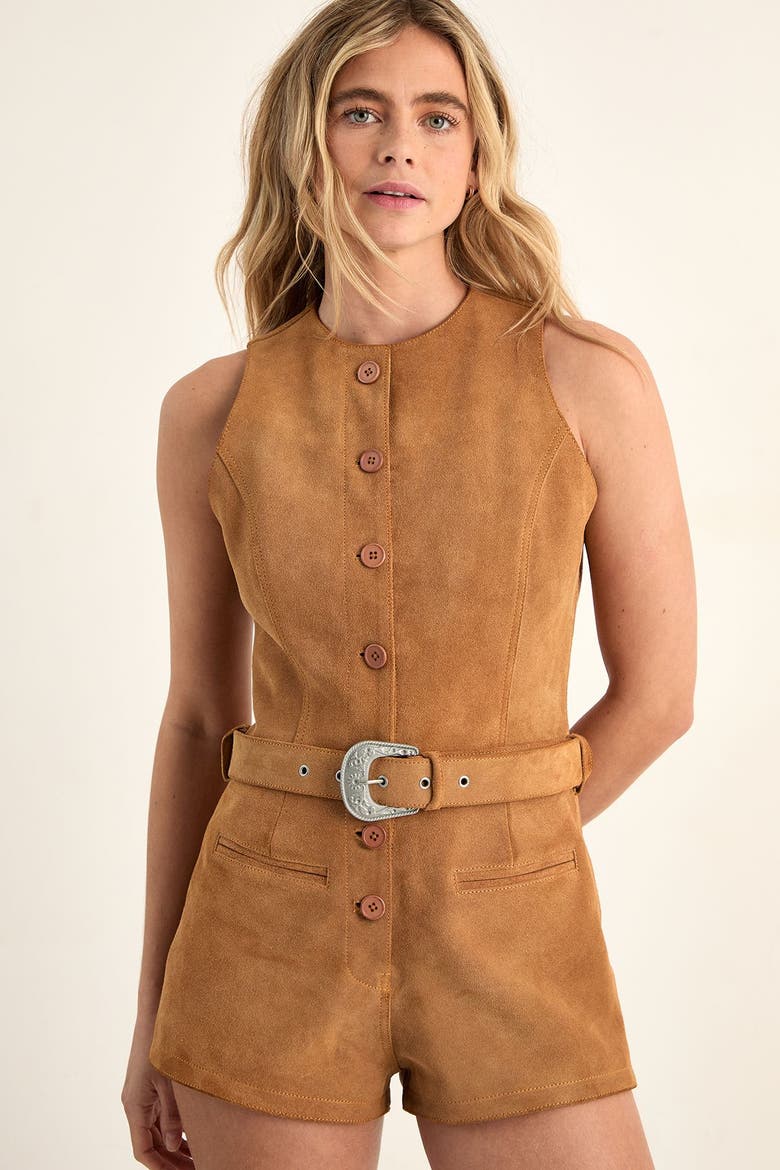 Real Suede Western Belted Playsuit, Alternate, color, Tan