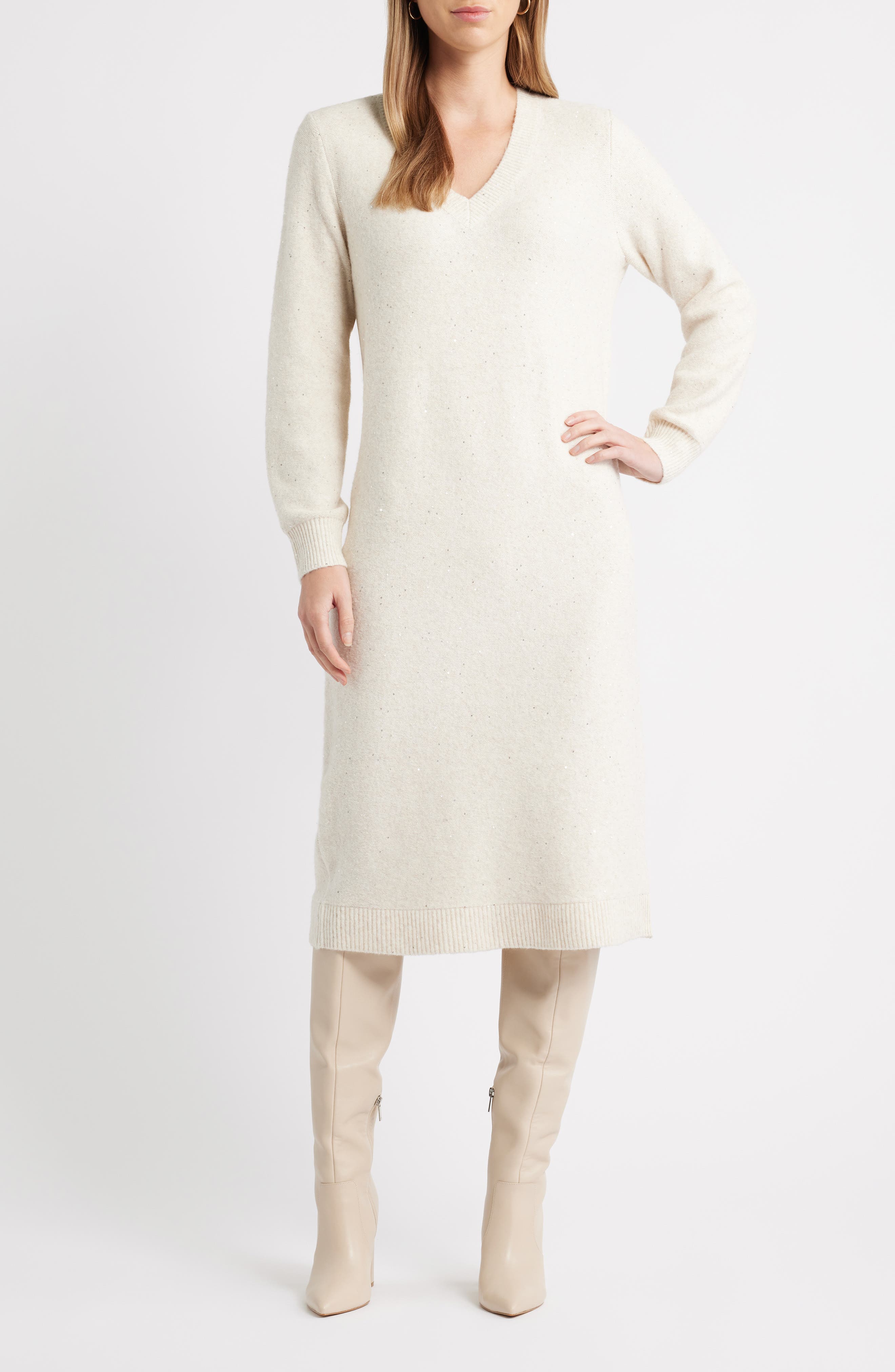 Caslon® Sequin Long Sleeve Sweater Dress