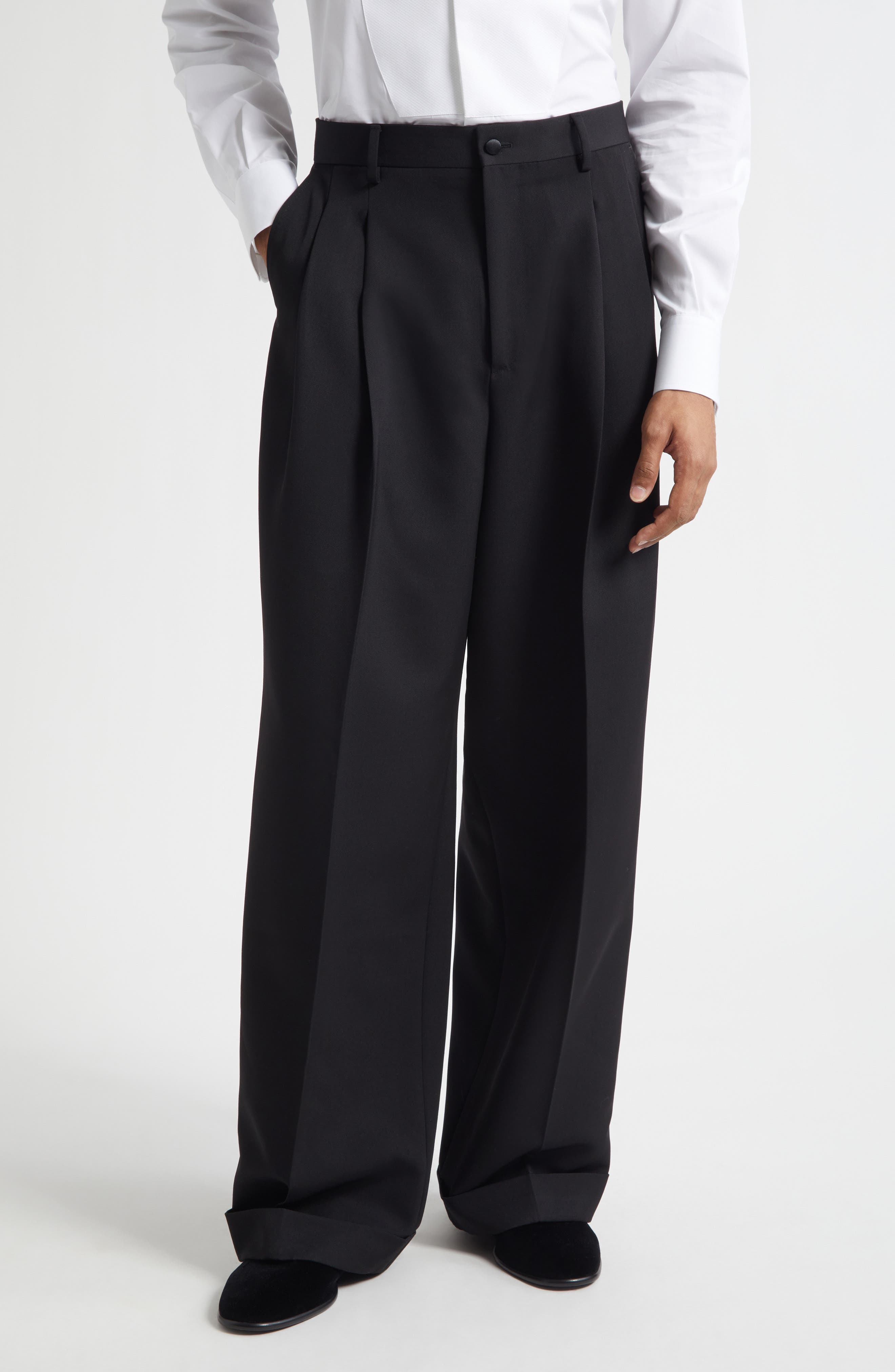 Pleated Wool & Silk Blend Gabardine Wide Leg Tuxedo Trousers (Men 