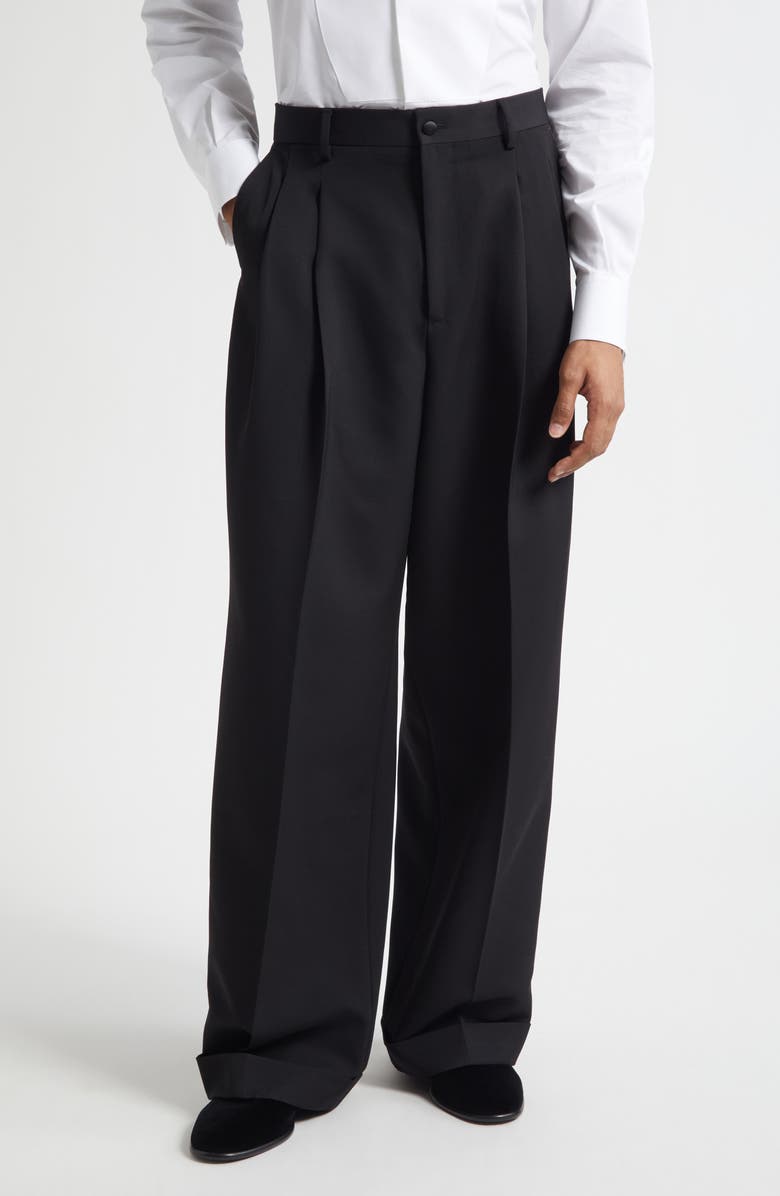 Dolce&Gabbana Pleated Wool & Silk Blend Gabardine Wide Leg Tuxedo Trousers, Main, color, N0000 Nero