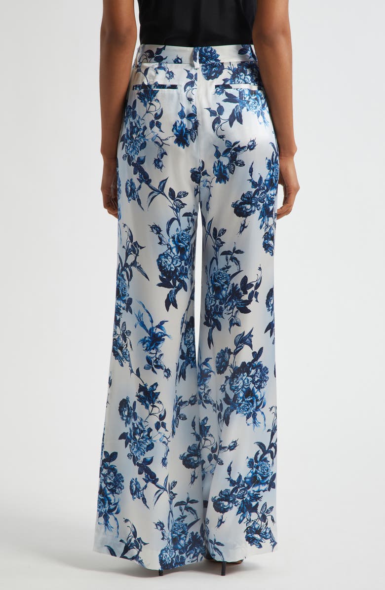 L'AGENCE Pilar Rose Print Wide Leg Silk Pants, Alternate, color, White/ Blue Painterly Floral