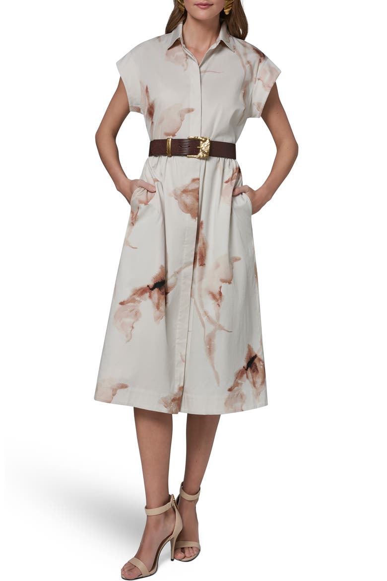 Abstract Floral Stretch Cotton Midi Shirtdress, Alternate, color, LIGHT TUSCAN GREY MULTI