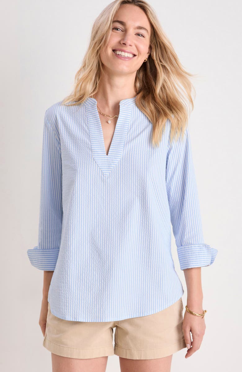 vineyard vines Harbor Savannah Stripe Seersucker Performance Popover Top, Alternate, color, Seersucker-Jake Blue