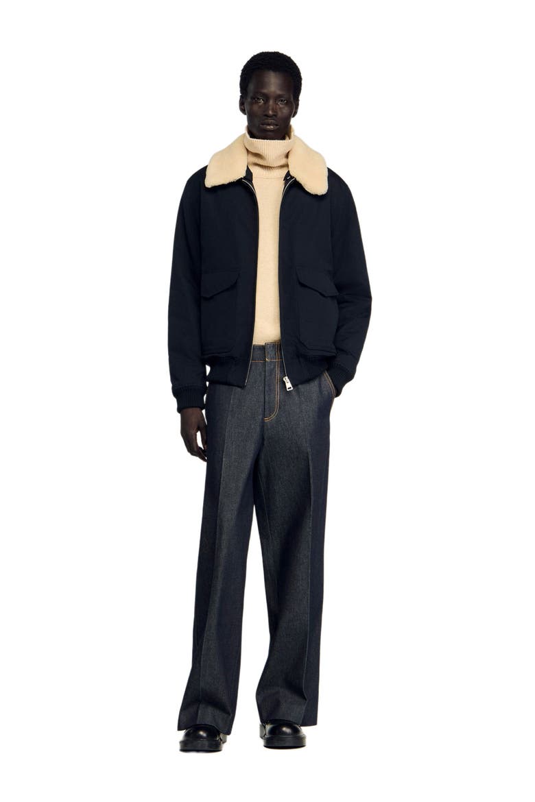 Shearling collar aviator jacket, Main, color, Navy blue