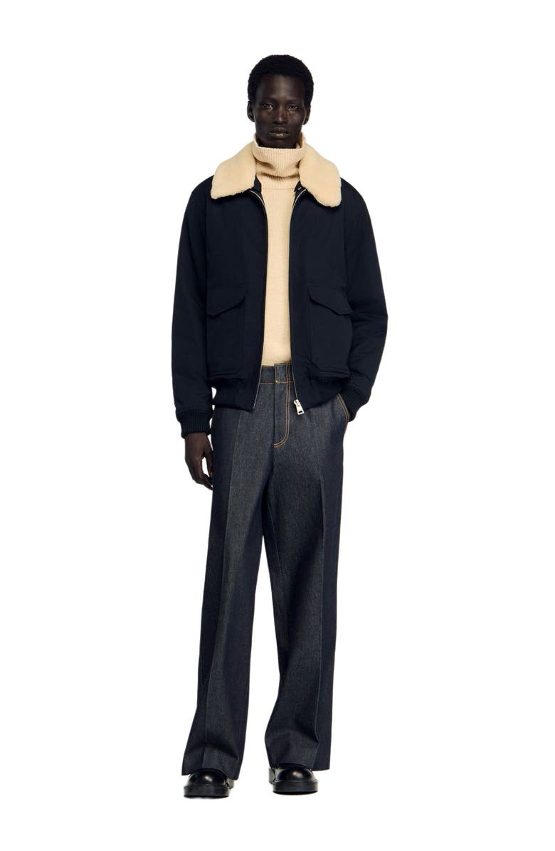 SANDRO Shearling collar aviator jacket, Main, color, Navy Blue