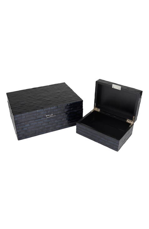 Black Mother of Pearl Handmade Box with Hinged Lid - Set of 2