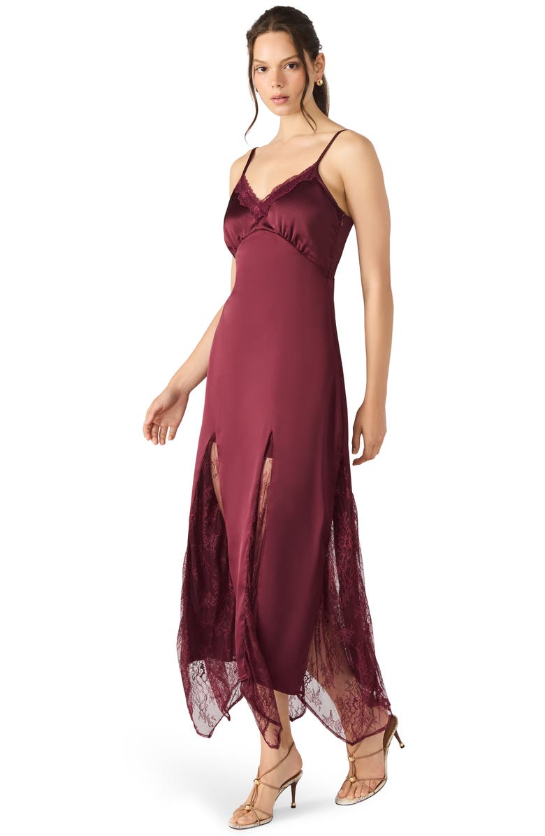 Steve Madden Delia Lace Trim Handkerchief Hem Satin Slipdress, Alternate, color, Wine