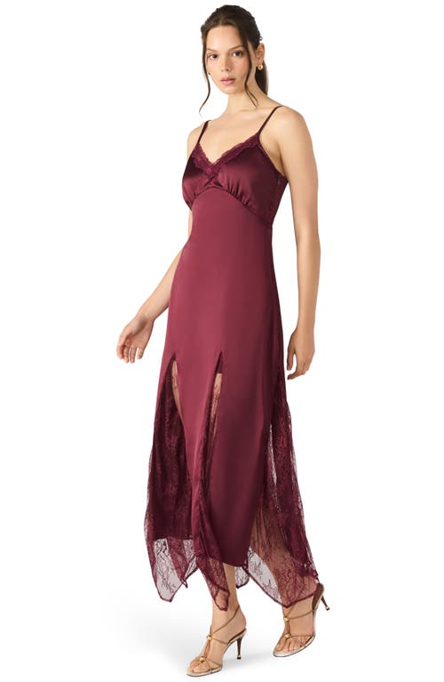 Steve Madden Delia Lace Trim Handkerchief Hem Satin Slipdress In Burgundy
