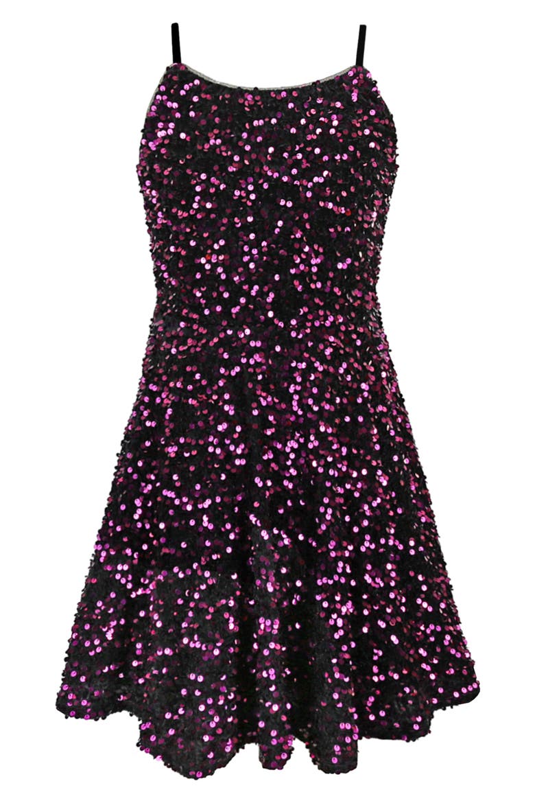 Kids' Sequin Velvet Skater Dress, Main, color, BLACK/ PURPLE