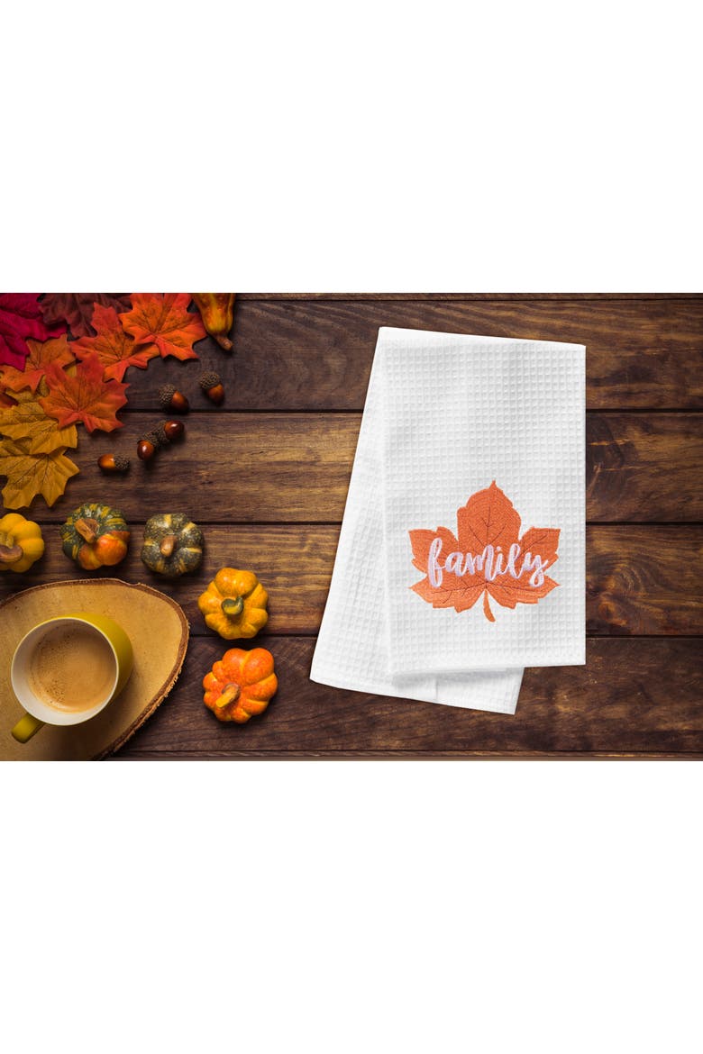 "Family" Leaf Embroidered Waffle Weave Kitchen Autumn Dishtowel, Alternate, color, White