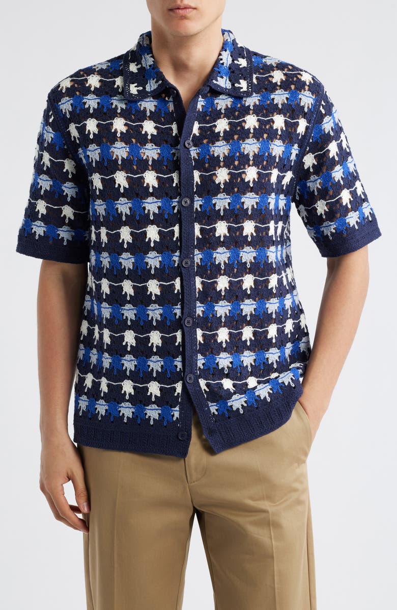 Wax London Porto Splash Crochet Camp Shirt, Main, color, Blue