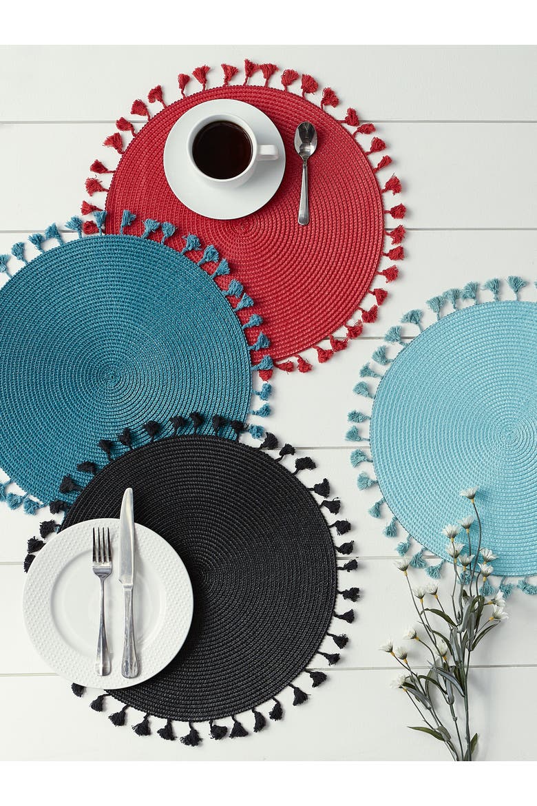 Tassel Fringe PP Woven Round Placemat Set/6, Alternate, color, Aqua