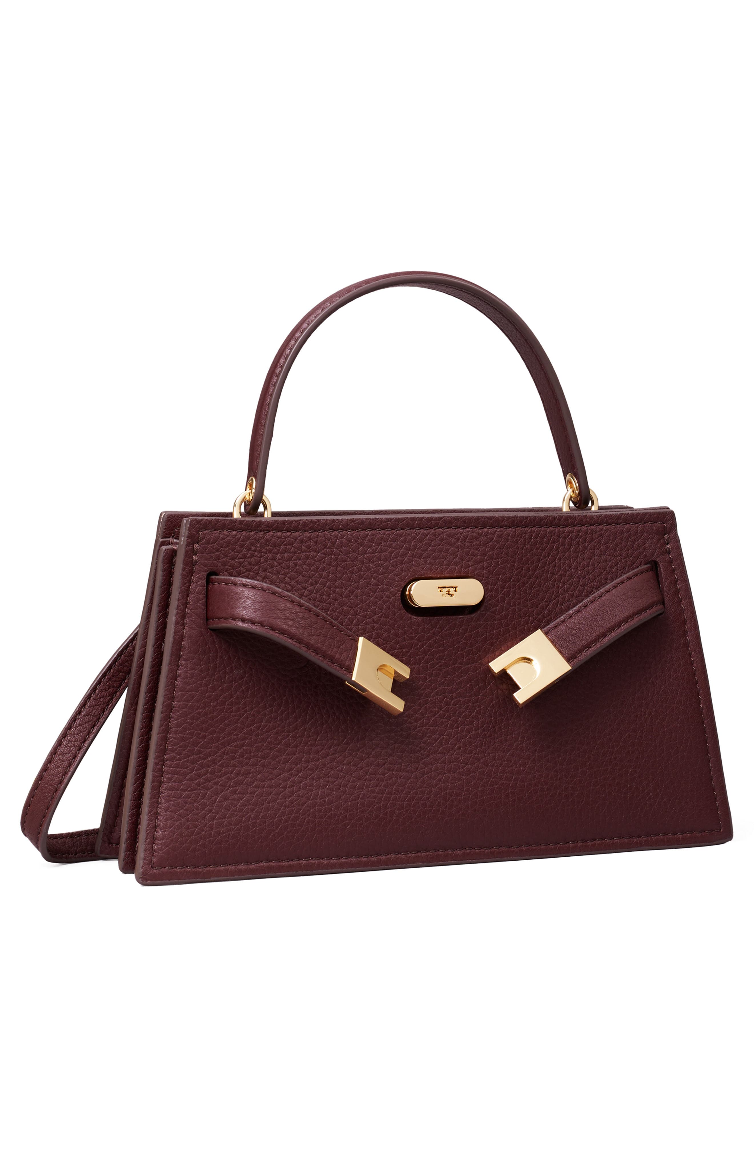 Tory Burch Mini Lee Radziwill Pebble Leather Satchel, Alternate, color, Dark Carmine