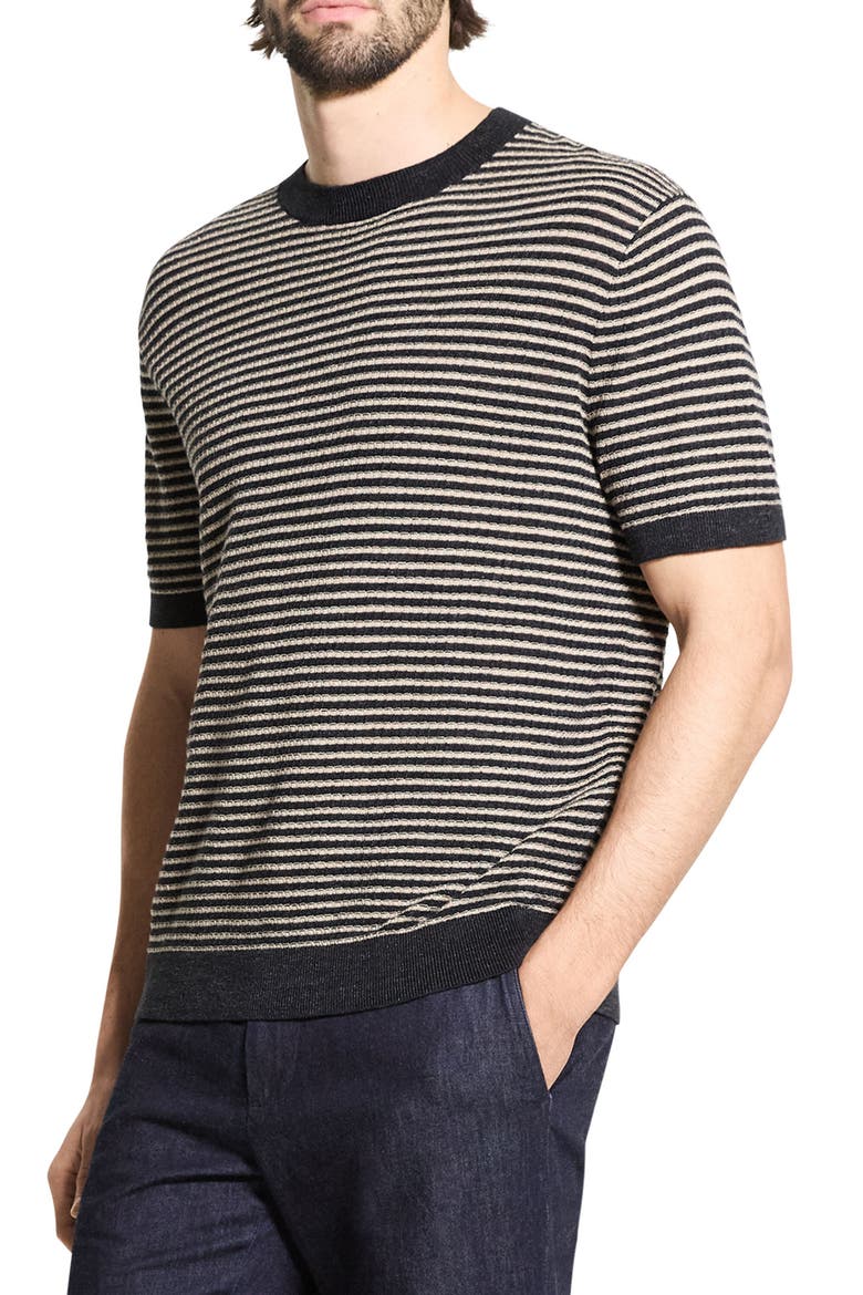 Stripe Short Sleeve Linen & Cotton Blend Crewneck Sweater, Alternate, color, BLACK/ CHINO