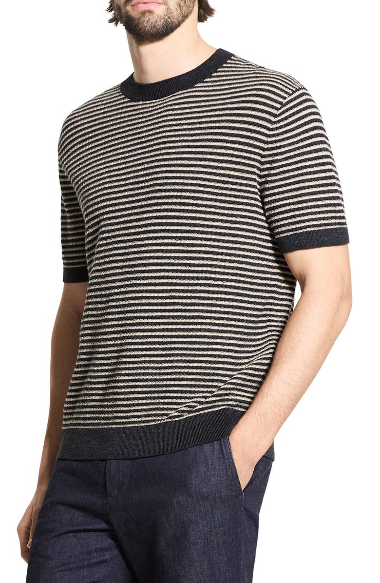 Theory Stripe Short Sleeve Linen & Cotton Blend Crewneck Sweater, Alternate, color, Black/ Chino