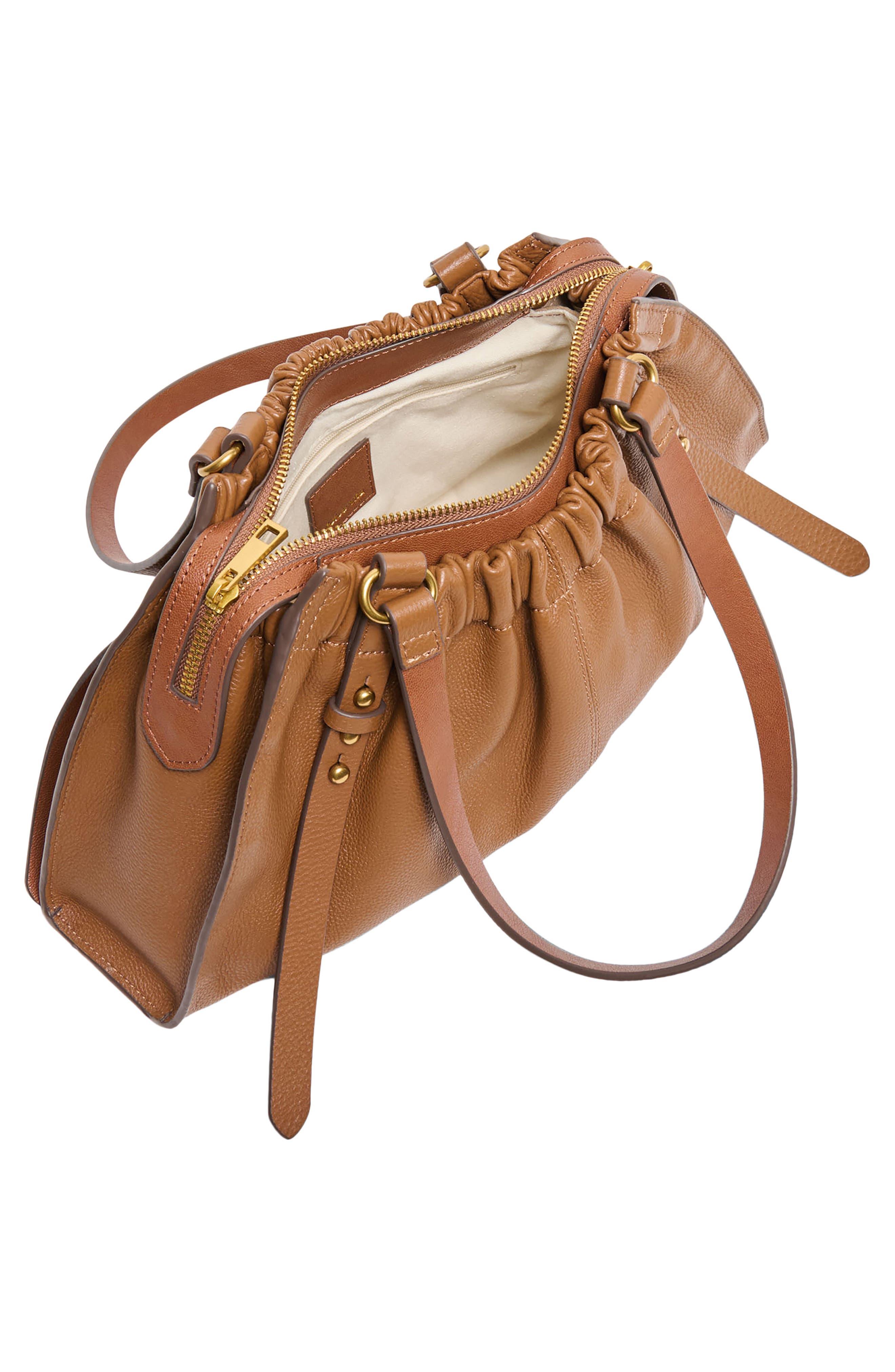 Sloan Ruched Leather Shoulder Bag, Alternate, color, COGNAC