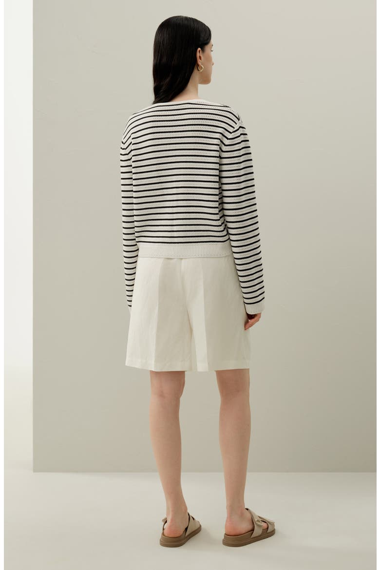 Women's Toscana Striped Pointelle Cardigan, Alternate, color, White With Black Stripes