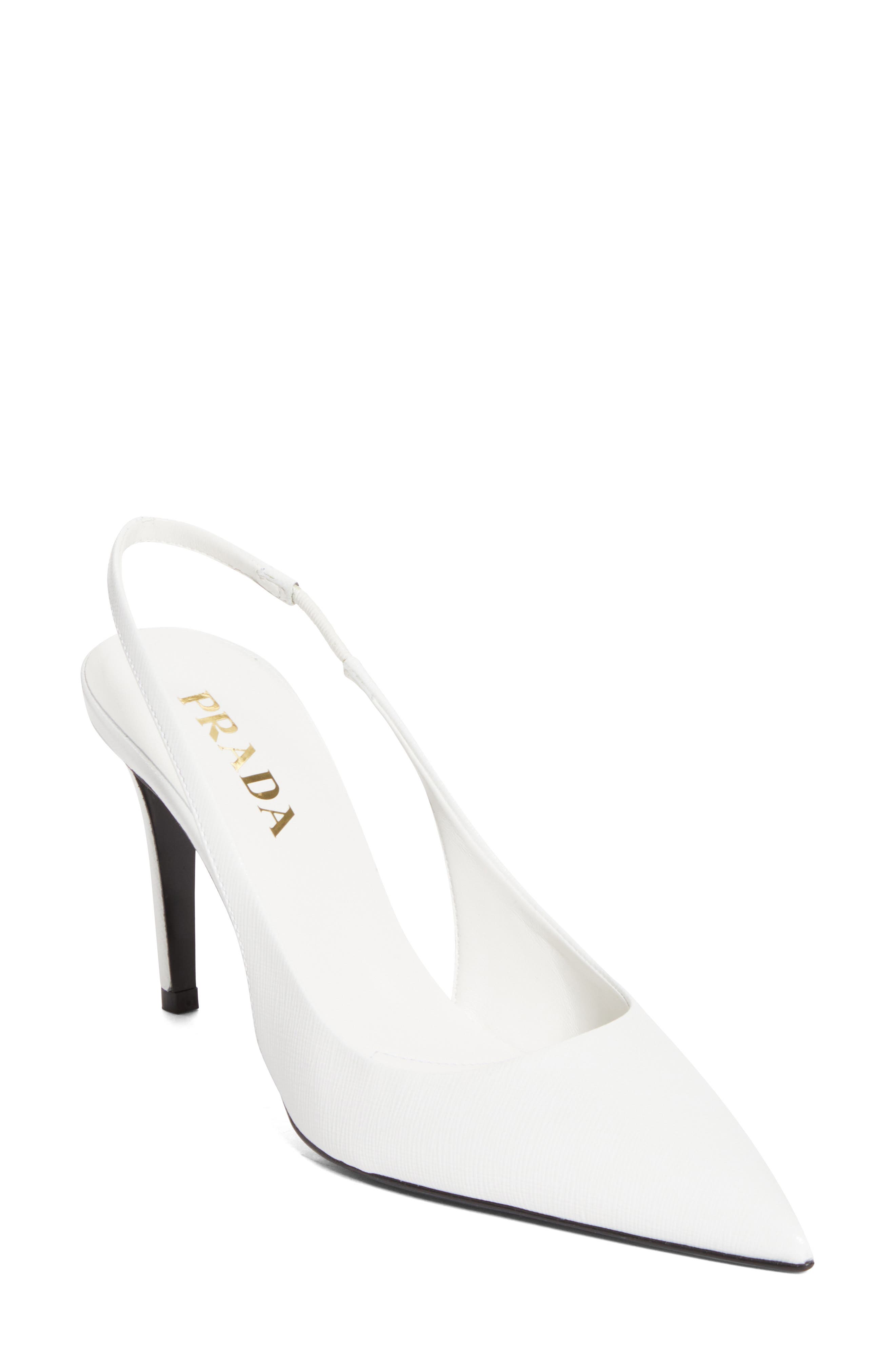 Prada Saffiano Metallic Leather Slingback Pump, Main, color, Bianco