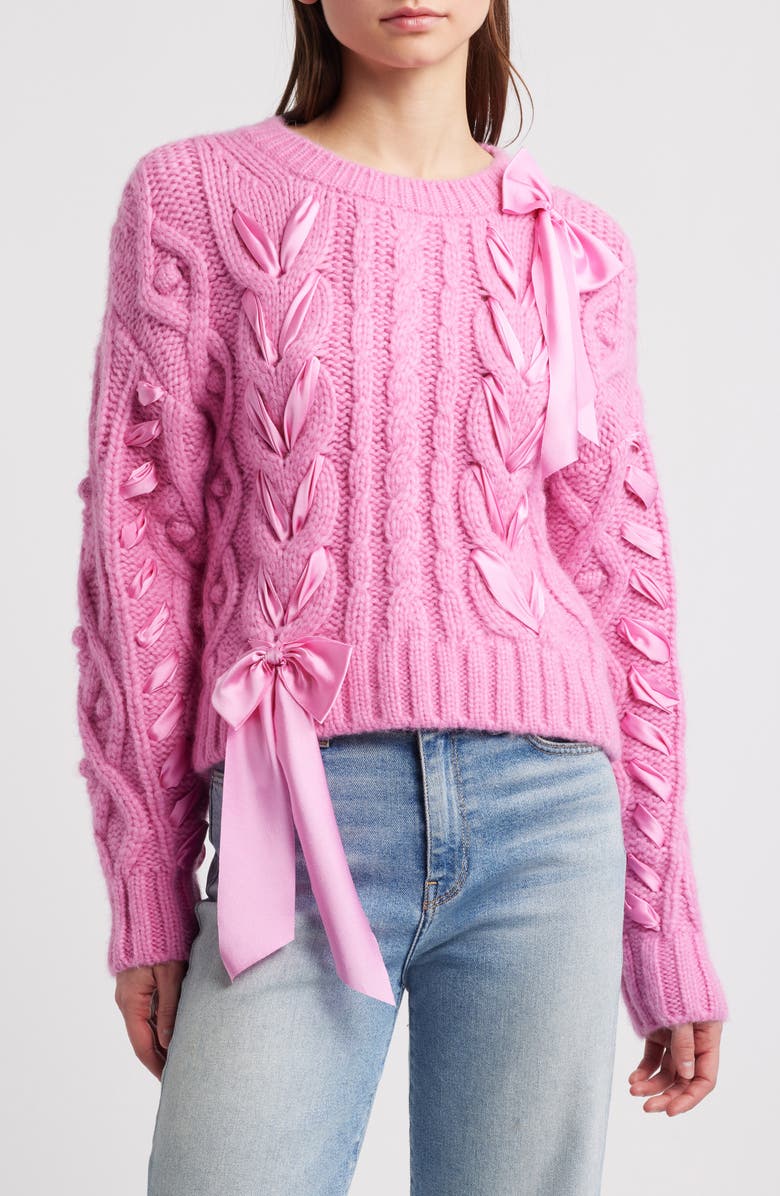 LoveShackFancy Parson Ribbon Detail Alpaca Blend Cable Sweater, Main, color,